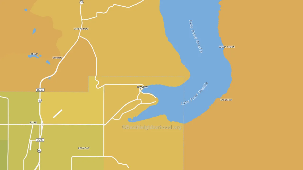 Map of the best neighborhoods in the Bayview area, with better matches in green and worse matches in red