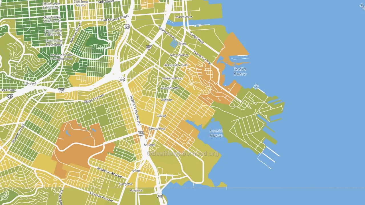 Map of the best neighborhoods in the Bayview, San Francisco area, with better matches in green and worse matches in red