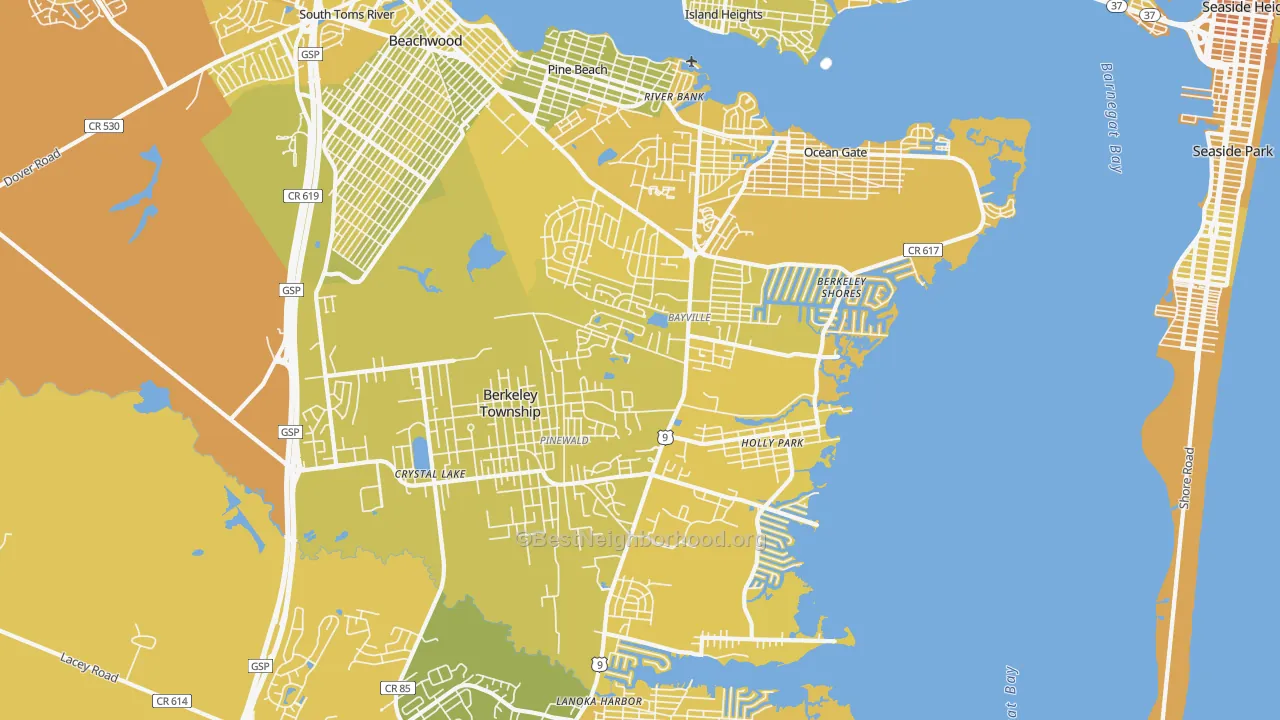 Map of the best neighborhoods in the Bayville area, with better matches in green and worse matches in red