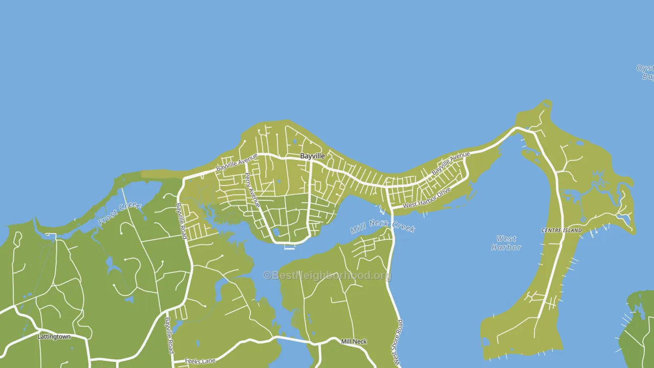 Map of the best neighborhoods in the Bayville area, with better matches in green and worse matches in red