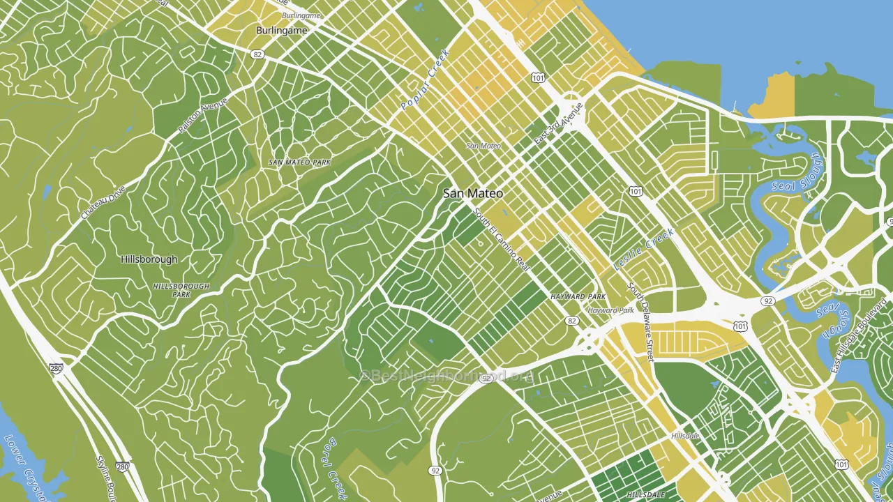 Map of the best neighborhoods in the Baywood-Aragon, San Mateo area, with better matches in green and worse matches in red