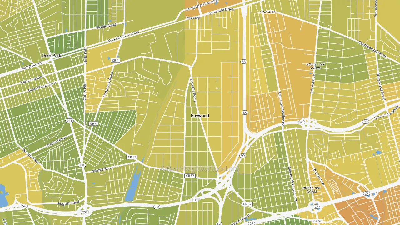 Map of the best neighborhoods in the Baywood area, with better matches in green and worse matches in red