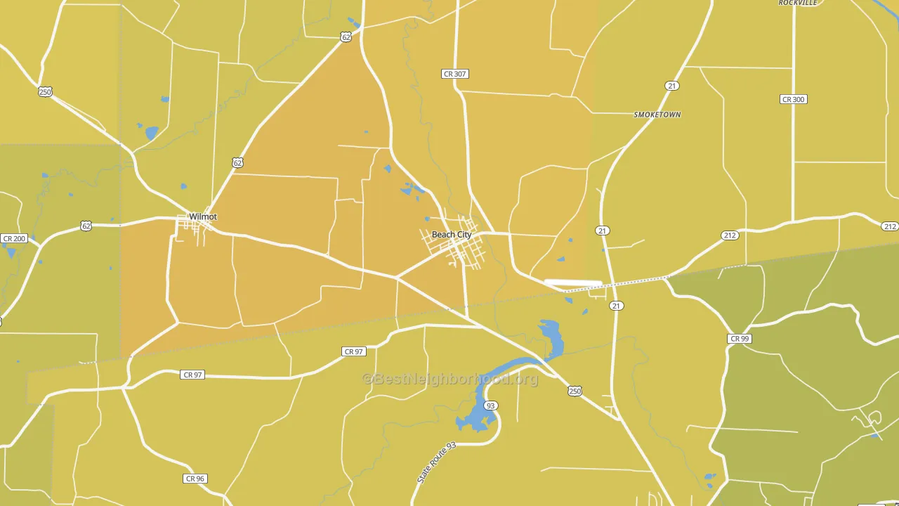 Map of the best neighborhoods in the Beach City area, with better matches in green and worse matches in red