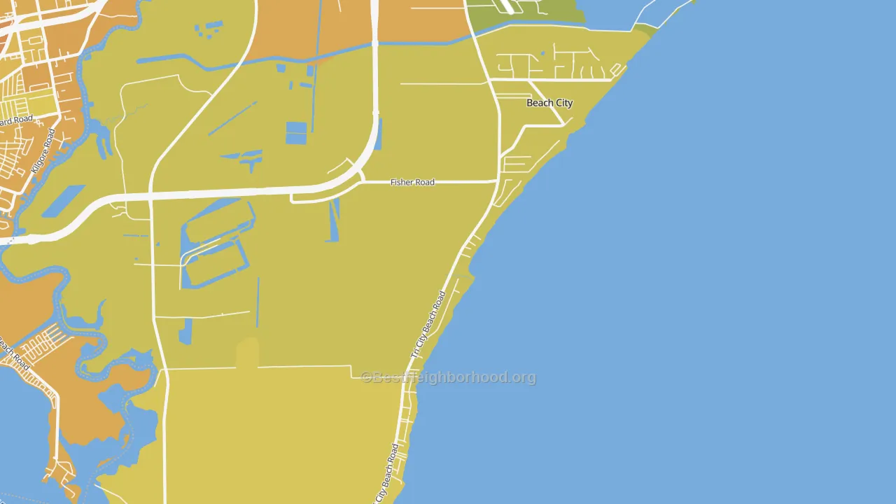 Map of the best neighborhoods in the Beach City area, with better matches in green and worse matches in red