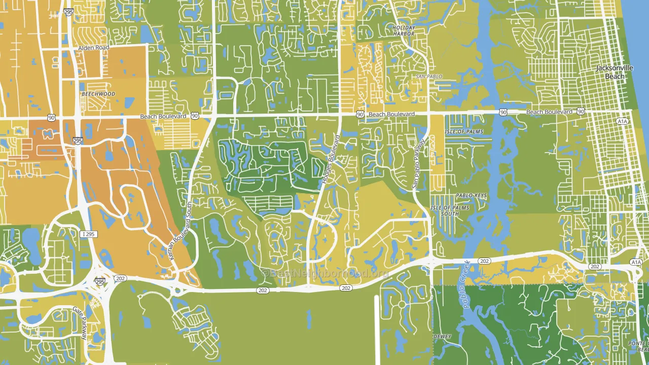 Map of the best neighborhoods in the Beach Haven, Jacksonville area, with better matches in green and worse matches in red