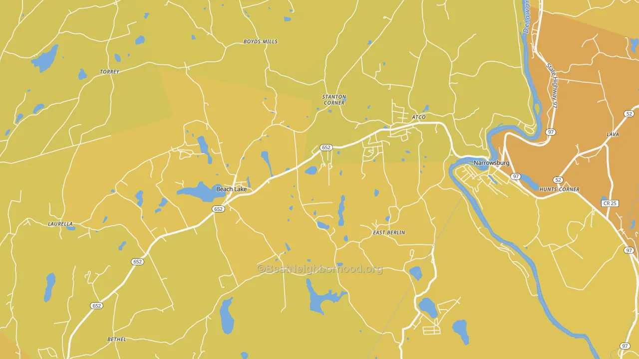 Map of the best neighborhoods in the Beach Lake area, with better matches in green and worse matches in red
