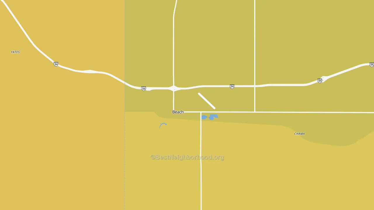 Map of the best neighborhoods in the Beach area, with better matches in green and worse matches in red