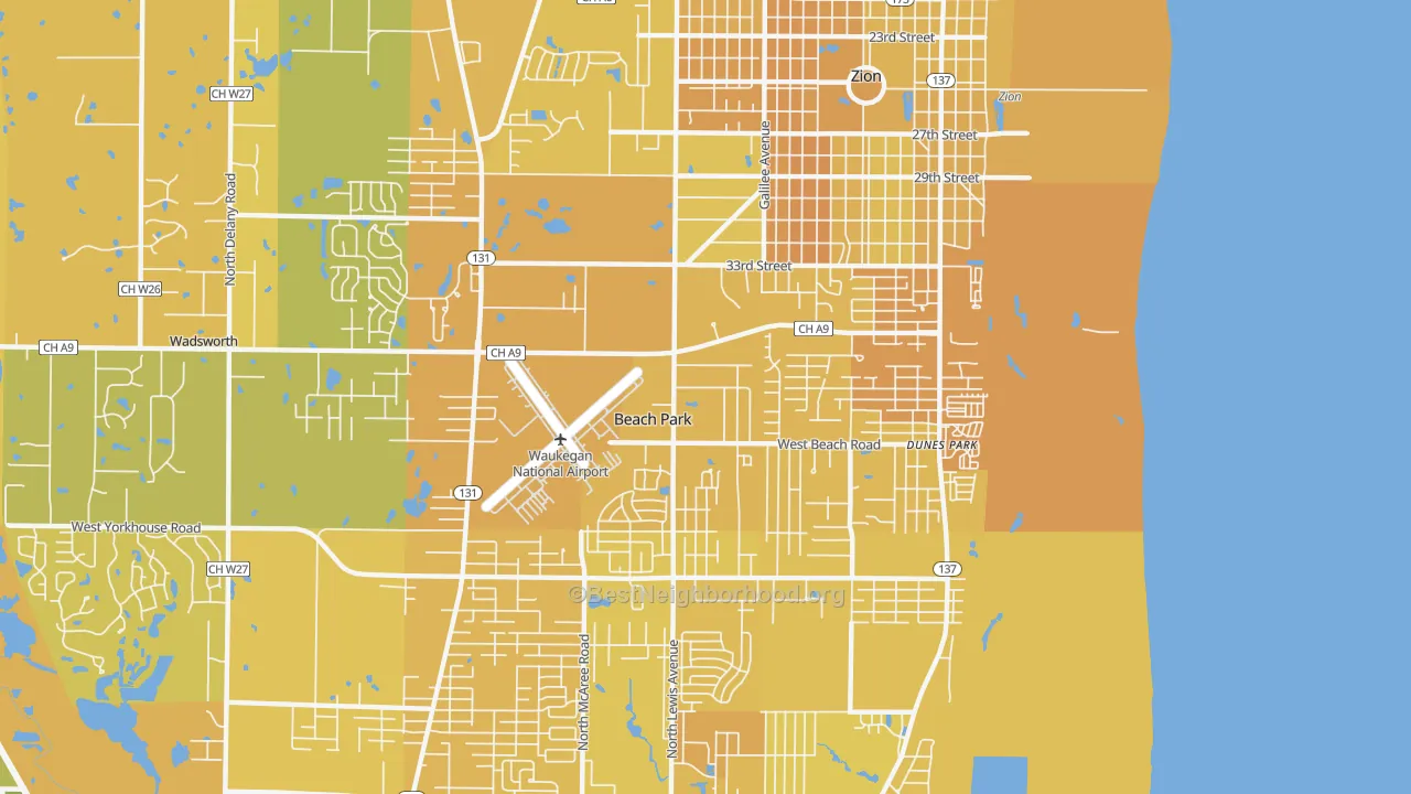 Map of the best neighborhoods in the Beach Park area, with better matches in green and worse matches in red