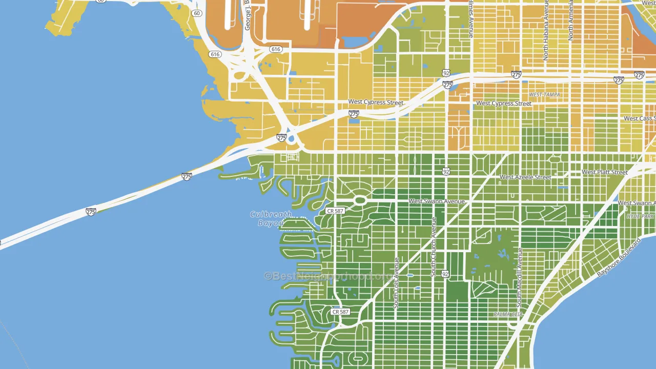 Map of the best neighborhoods in the Beach Park, Tampa area, with better matches in green and worse matches in red