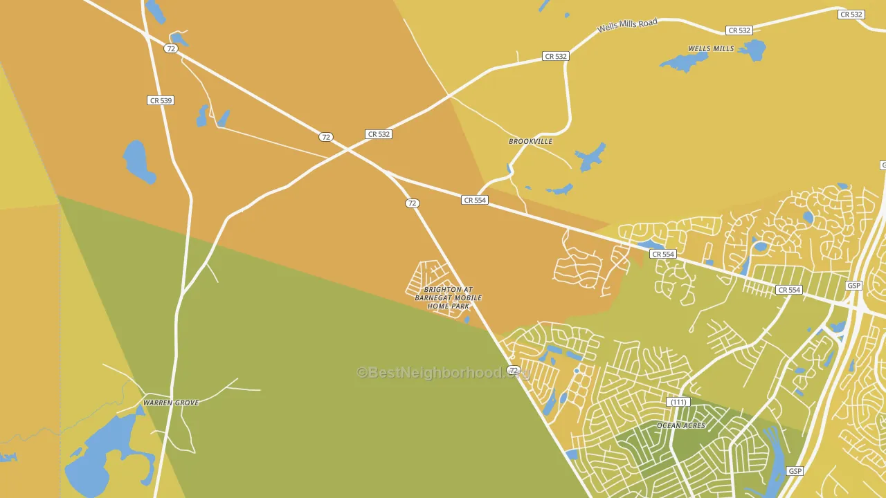 Map of the best neighborhoods in the Beach View area, with better matches in green and worse matches in red
