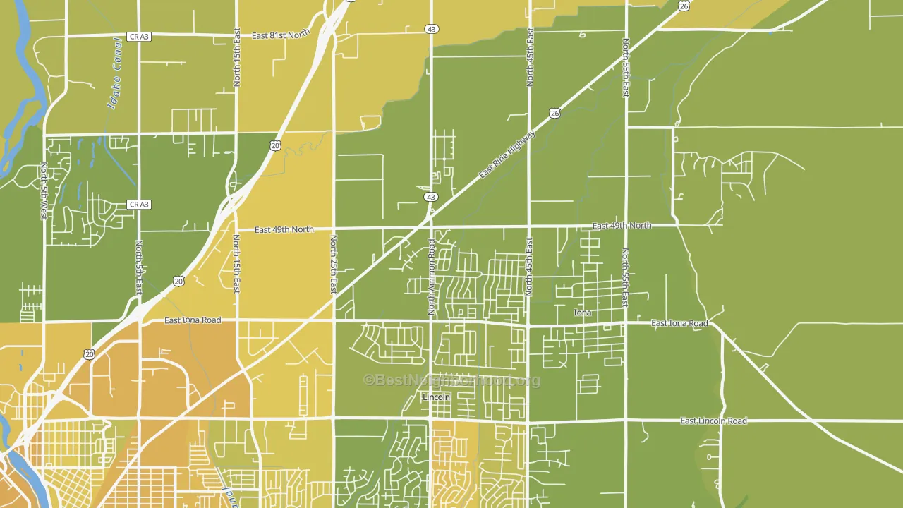 Map of the best neighborhoods in the Beachs Corner area, with better matches in green and worse matches in red