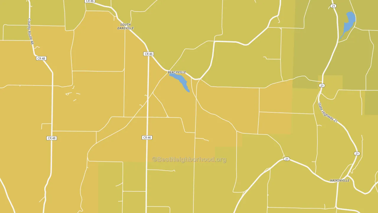 Map of the best neighborhoods in the Beachville area, with better matches in green and worse matches in red