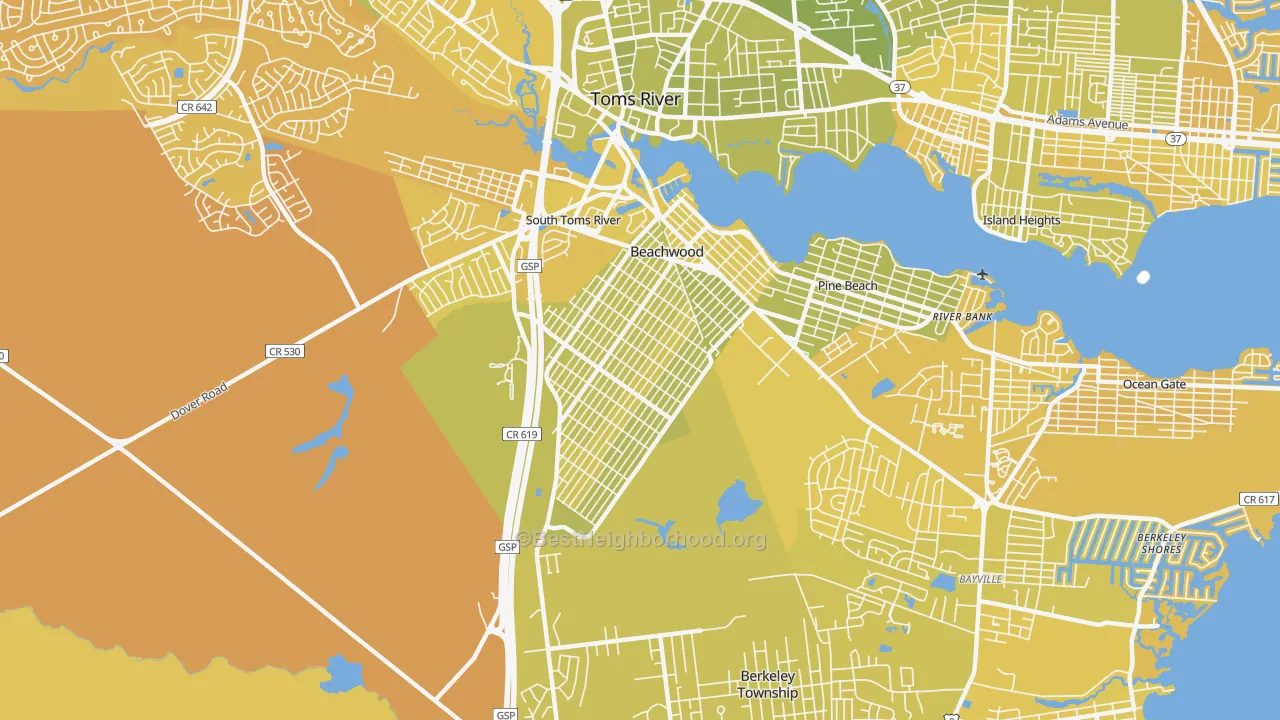 Map of the best neighborhoods in the Beachwood area, with better matches in green and worse matches in red