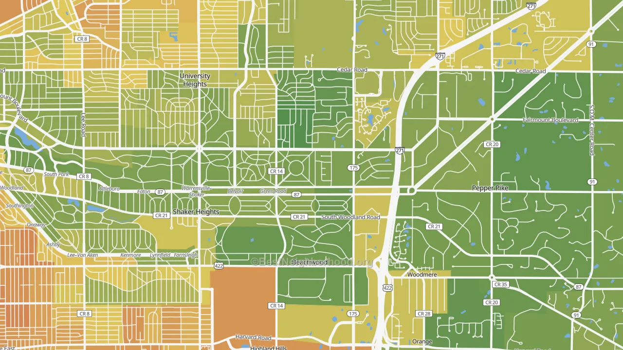 Map of the best neighborhoods in the Beachwood area, with better matches in green and worse matches in red