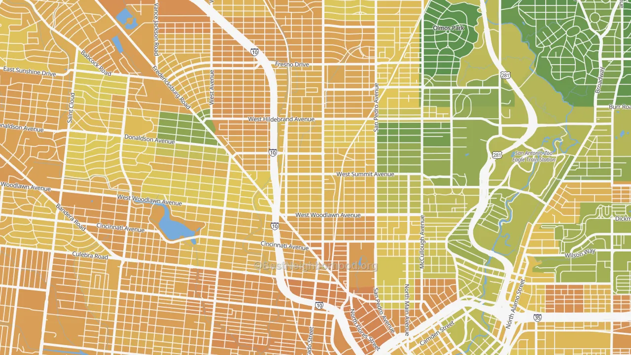 Map of the best neighborhoods in the Beacon Hill, San Antonio area, with better matches in green and worse matches in red