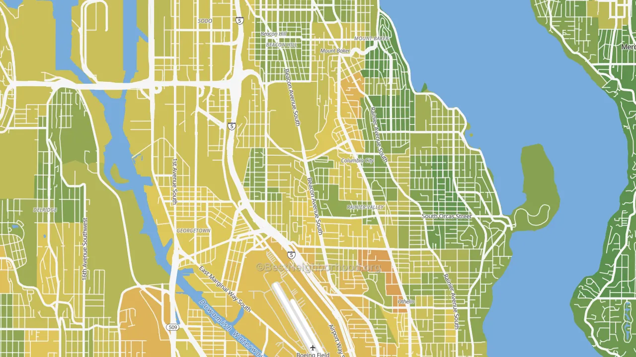 Map of the best neighborhoods in the Beacon Hill, Seattle area, with better matches in green and worse matches in red