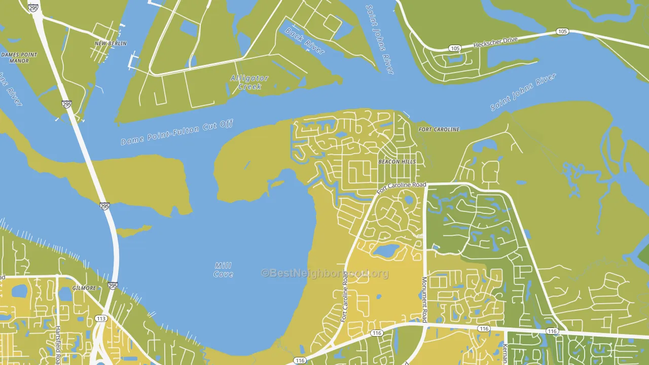 Map of the best neighborhoods in the Beacon Hills and Harbour, Jacksonville area, with better matches in green and worse matches in red