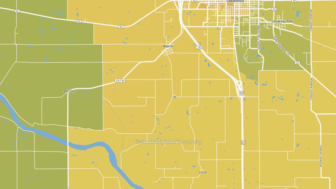 Map of the best neighborhoods in the Beacon area, with better matches in green and worse matches in red