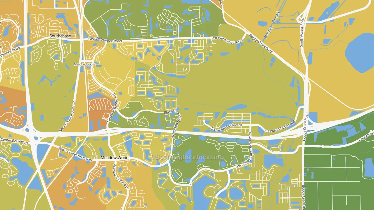 Map of the best neighborhoods in the Beacon Park, Meadow Woods area, with better matches in green and worse matches in red