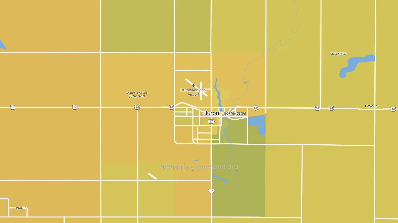 Map of the best neighborhoods in the Beadle County area, with better matches in green and worse matches in red