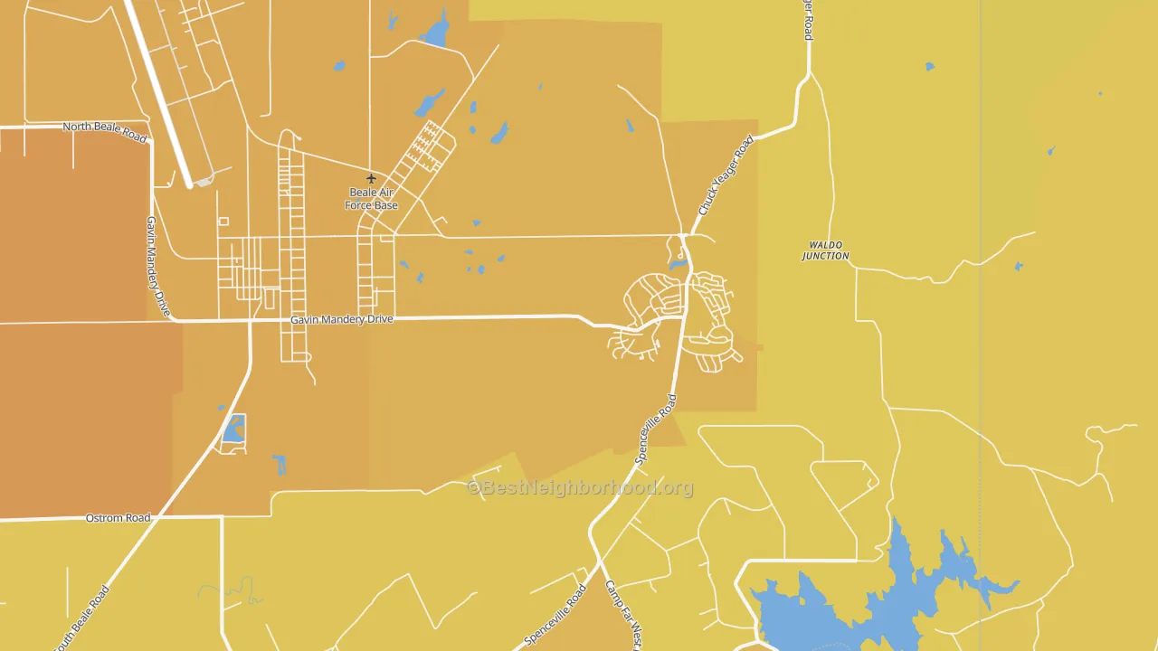 Map of the best neighborhoods in the Beale Afb area, with better matches in green and worse matches in red