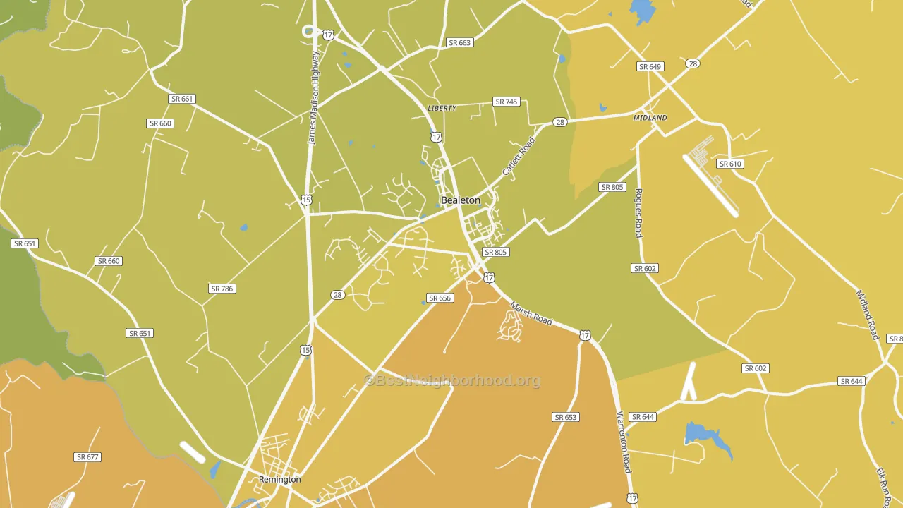 Map of the best neighborhoods in the Bealeton area, with better matches in green and worse matches in red
