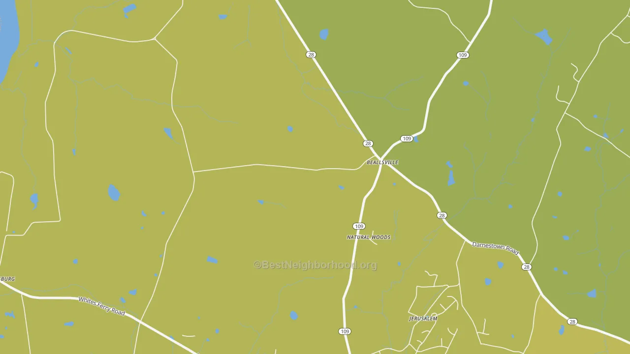 Map of the best neighborhoods in the Beallsville area, with better matches in green and worse matches in red