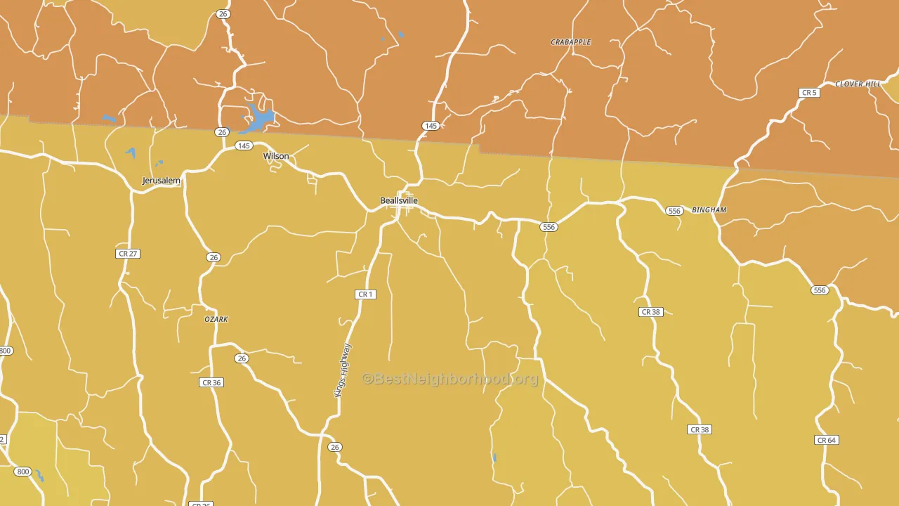 Map of the best neighborhoods in the Beallsville area, with better matches in green and worse matches in red