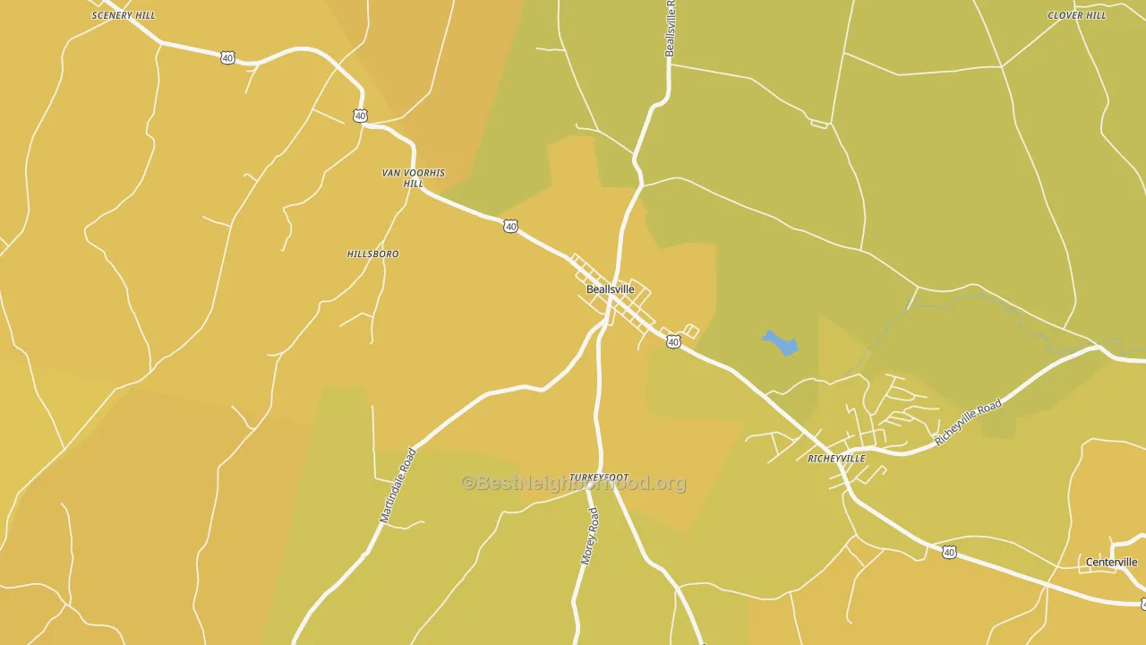Map of the best neighborhoods in the Beallsville area, with better matches in green and worse matches in red