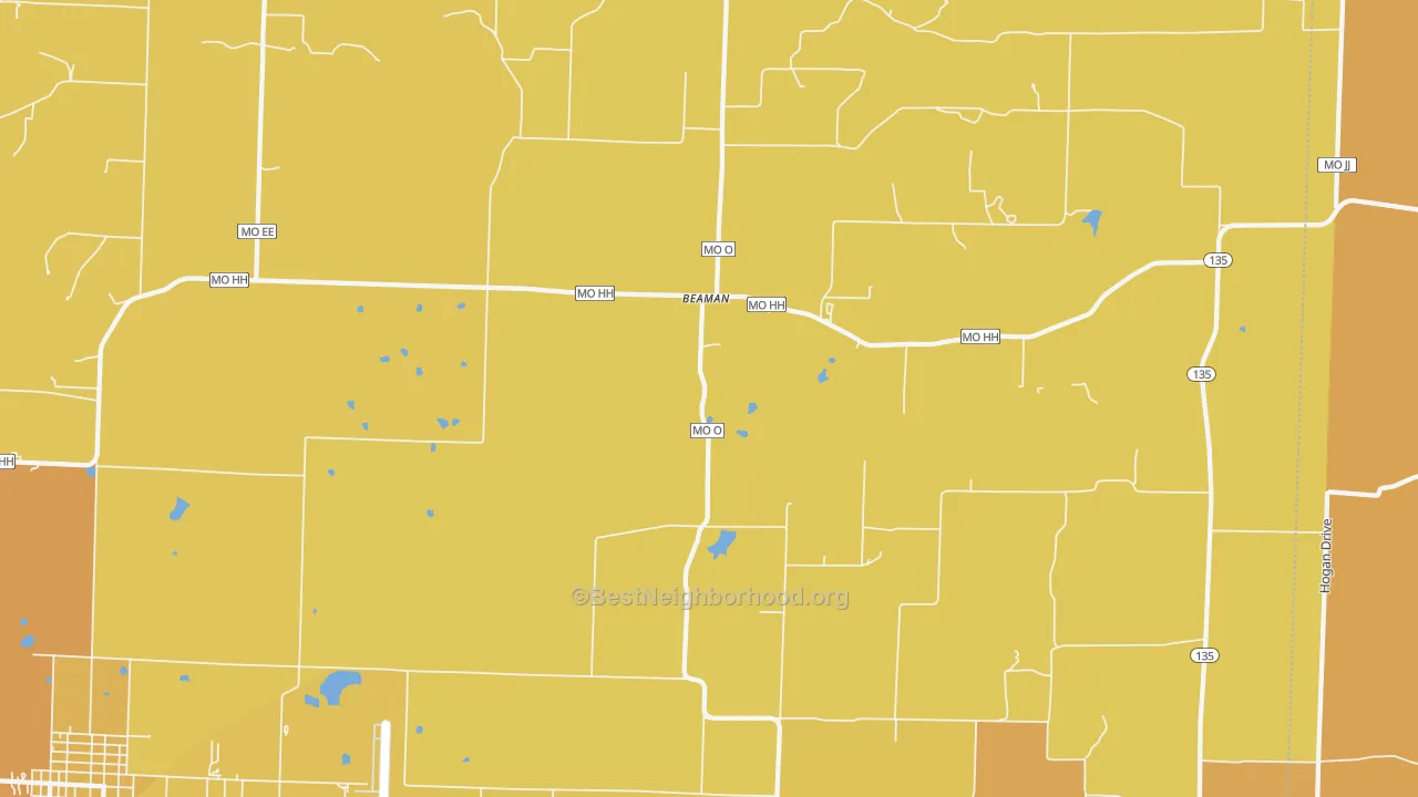 Map of the best neighborhoods in the Beaman area, with better matches in green and worse matches in red