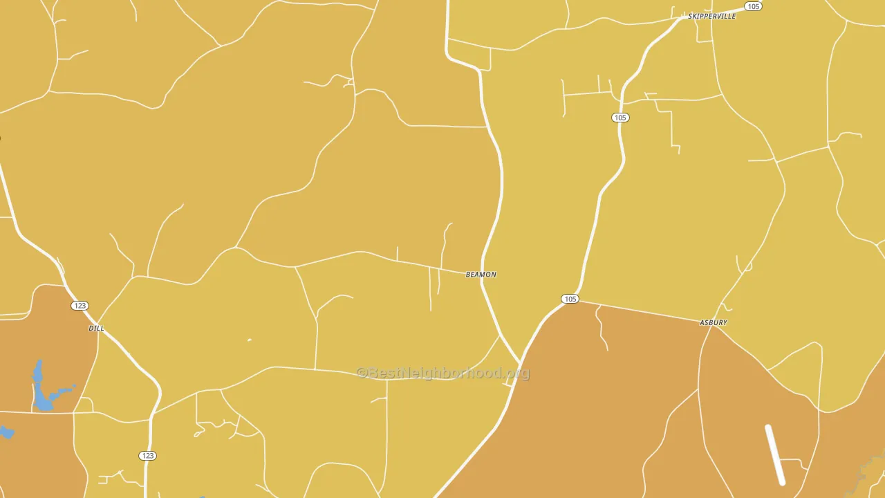 Map of the best neighborhoods in the Beamon area, with better matches in green and worse matches in red