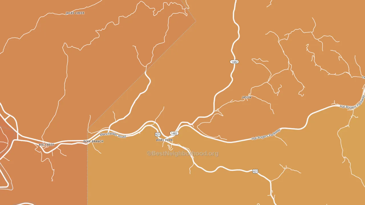 Map of the best neighborhoods in the Bear Branch area, with better matches in green and worse matches in red