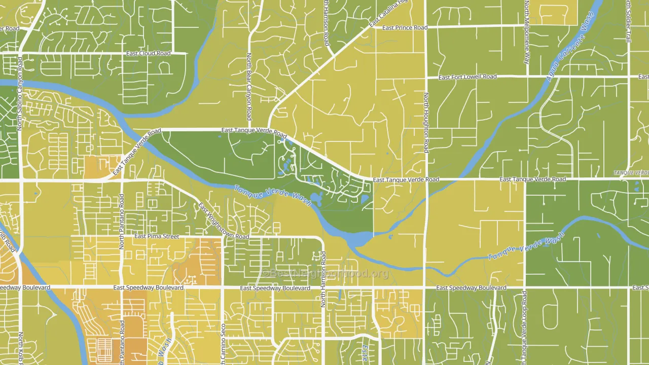 Map of the best neighborhoods in the Bear Canyon, Tucson area, with better matches in green and worse matches in red