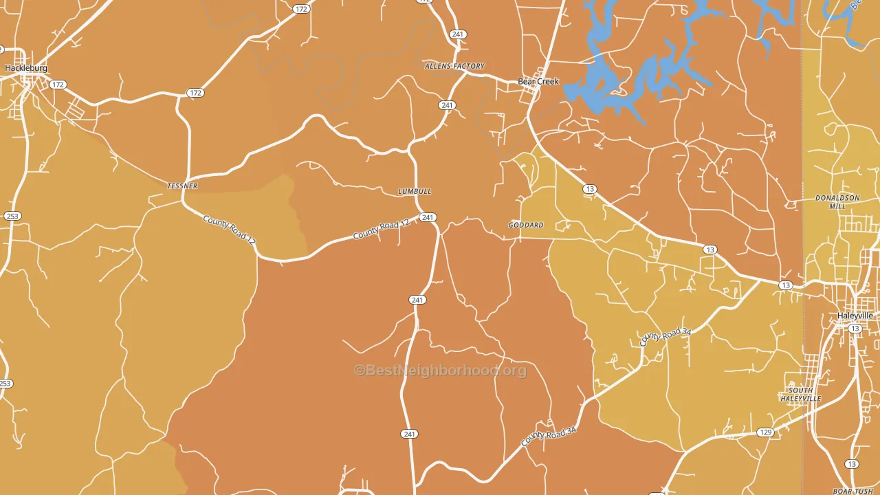Map of the best neighborhoods in the Bear Creek area, with better matches in green and worse matches in red