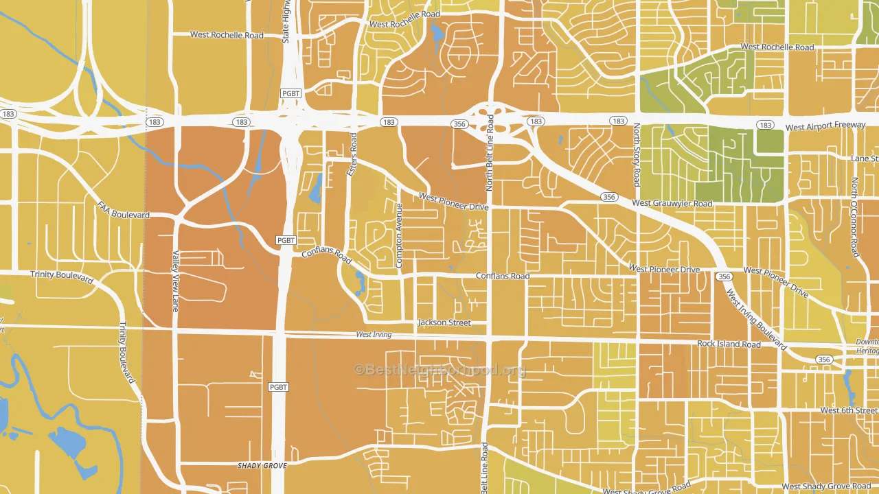 Map of the best neighborhoods in the Bear Creek, Irving area, with better matches in green and worse matches in red