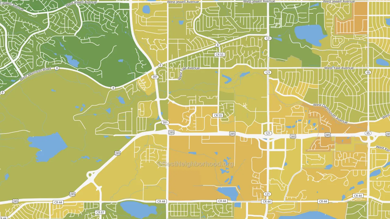 Map of the best neighborhoods in the Bear Creek, Lakewood area, with better matches in green and worse matches in red