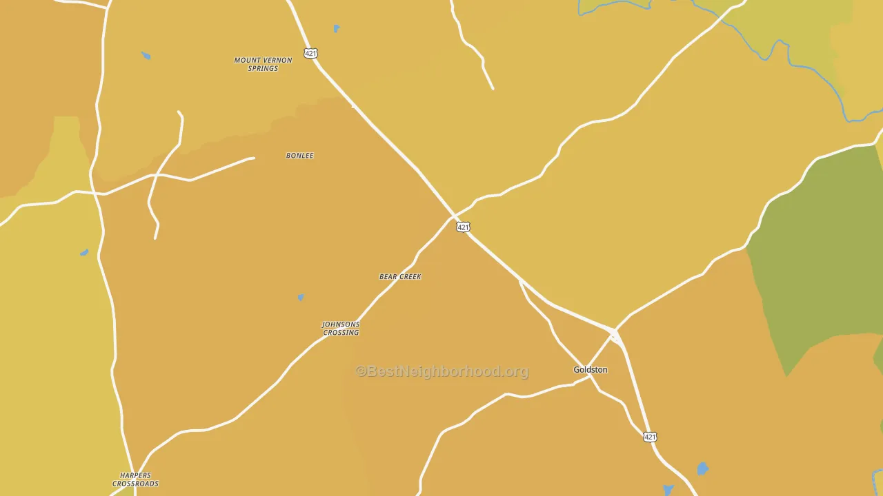 Map of the best neighborhoods in the Bear Creek area, with better matches in green and worse matches in red