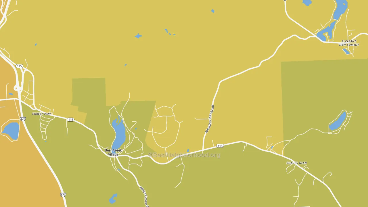Map of the best neighborhoods in the Bear Creek area, with better matches in green and worse matches in red