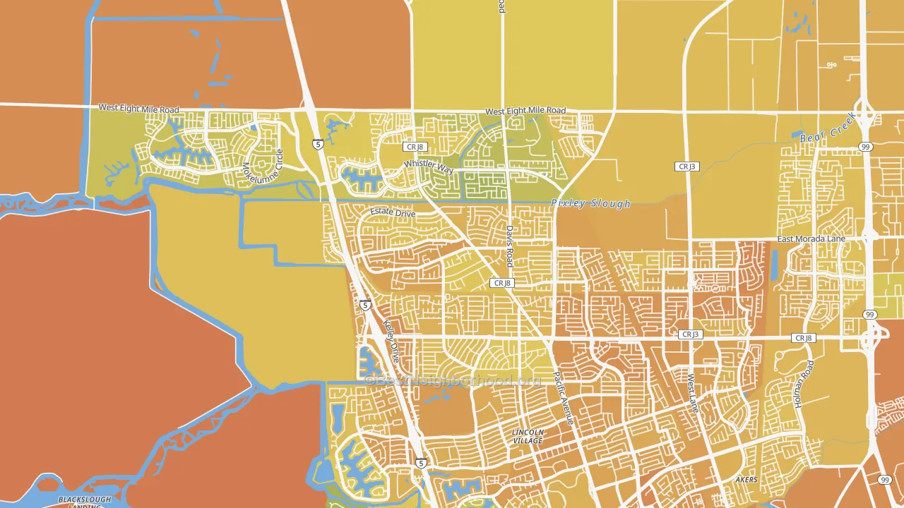 Map of the best neighborhoods in the Bear Creek, Stockton area, with better matches in green and worse matches in red