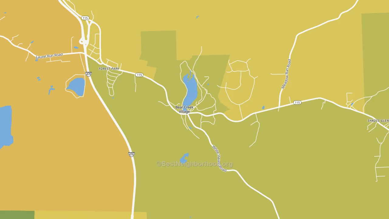 Map of the best neighborhoods in the Bear Creek Village area, with better matches in green and worse matches in red