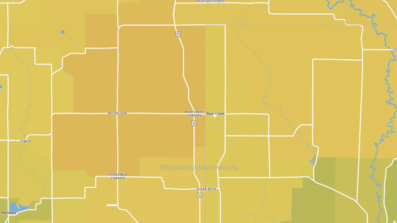 Map of the best neighborhoods in the Bear Creek area, with better matches in green and worse matches in red