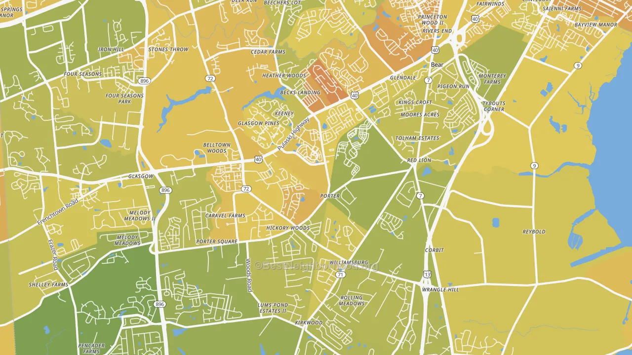 Map of the best neighborhoods in the Bear area, with better matches in green and worse matches in red