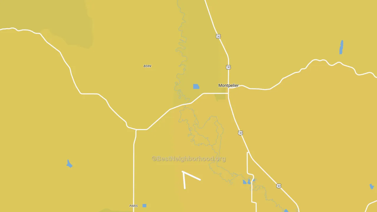 Map of the best neighborhoods in the Bear Lake County area, with better matches in green and worse matches in red