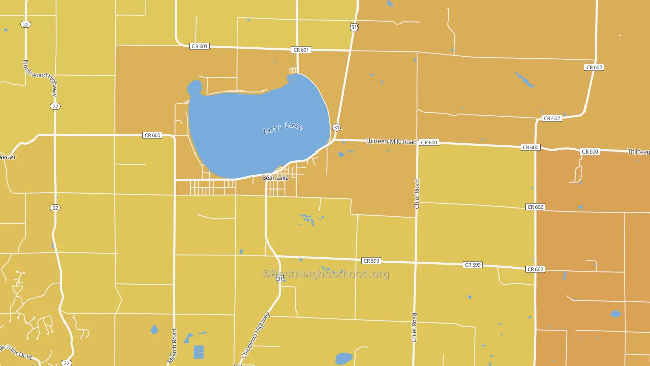 Map of the best neighborhoods in the Bear Lake area, with better matches in green and worse matches in red