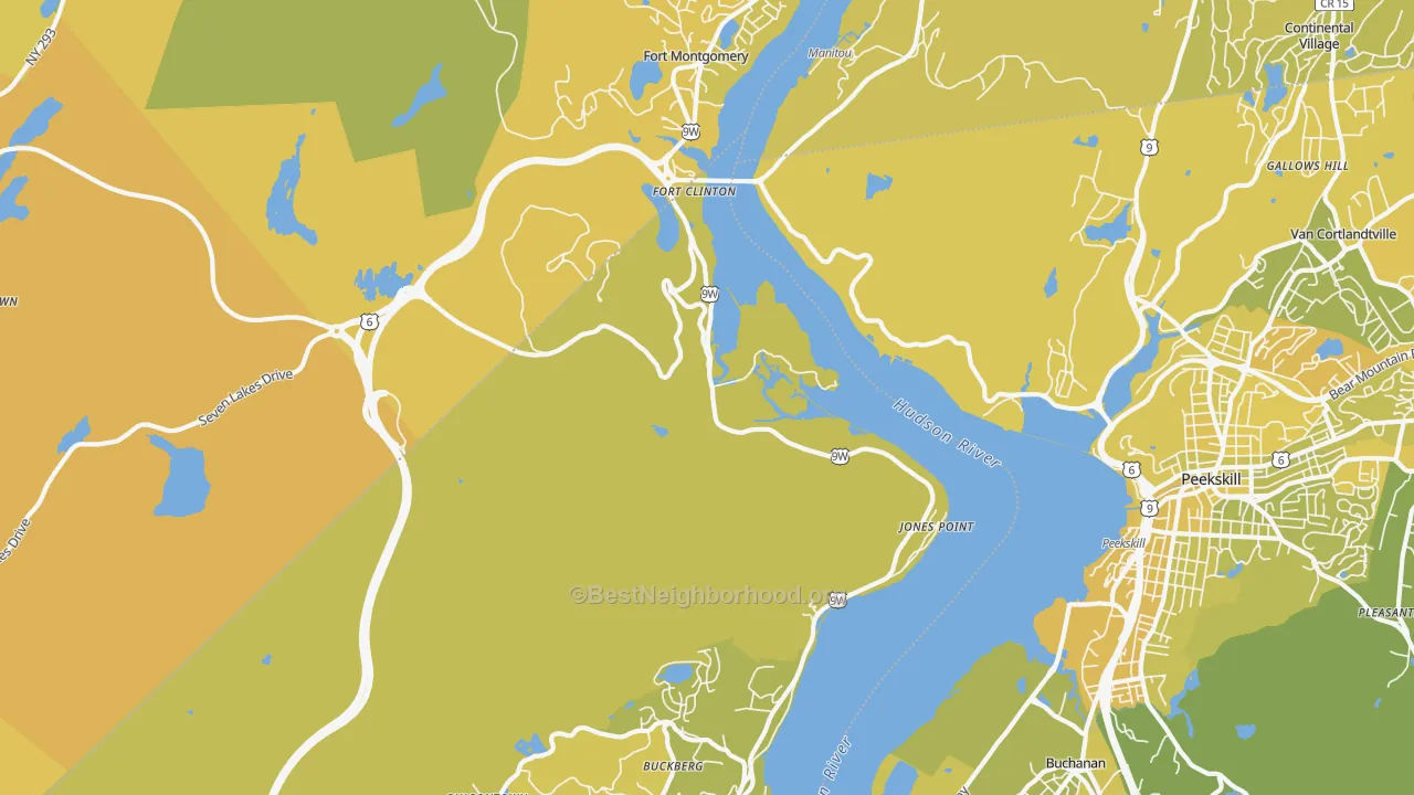 Map of the best neighborhoods in the Bear Mountain area, with better matches in green and worse matches in red