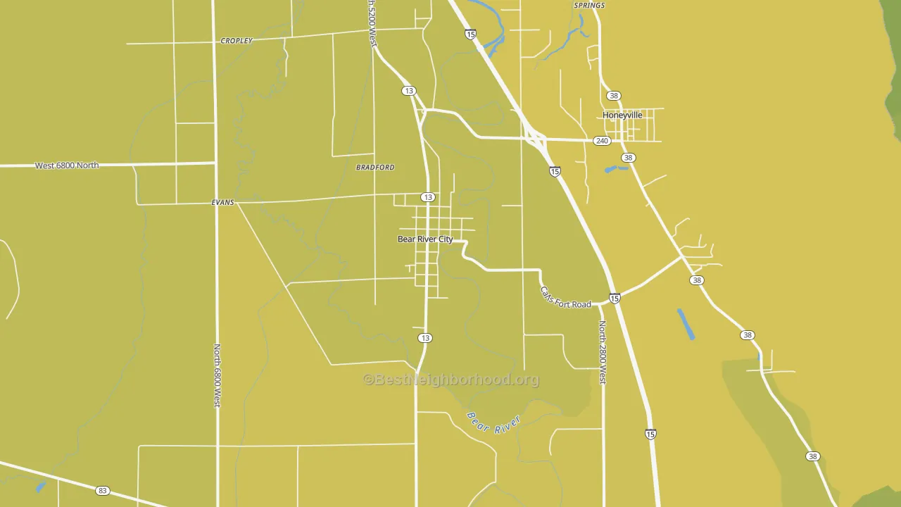 Map of the best neighborhoods in the Bear River City area, with better matches in green and worse matches in red