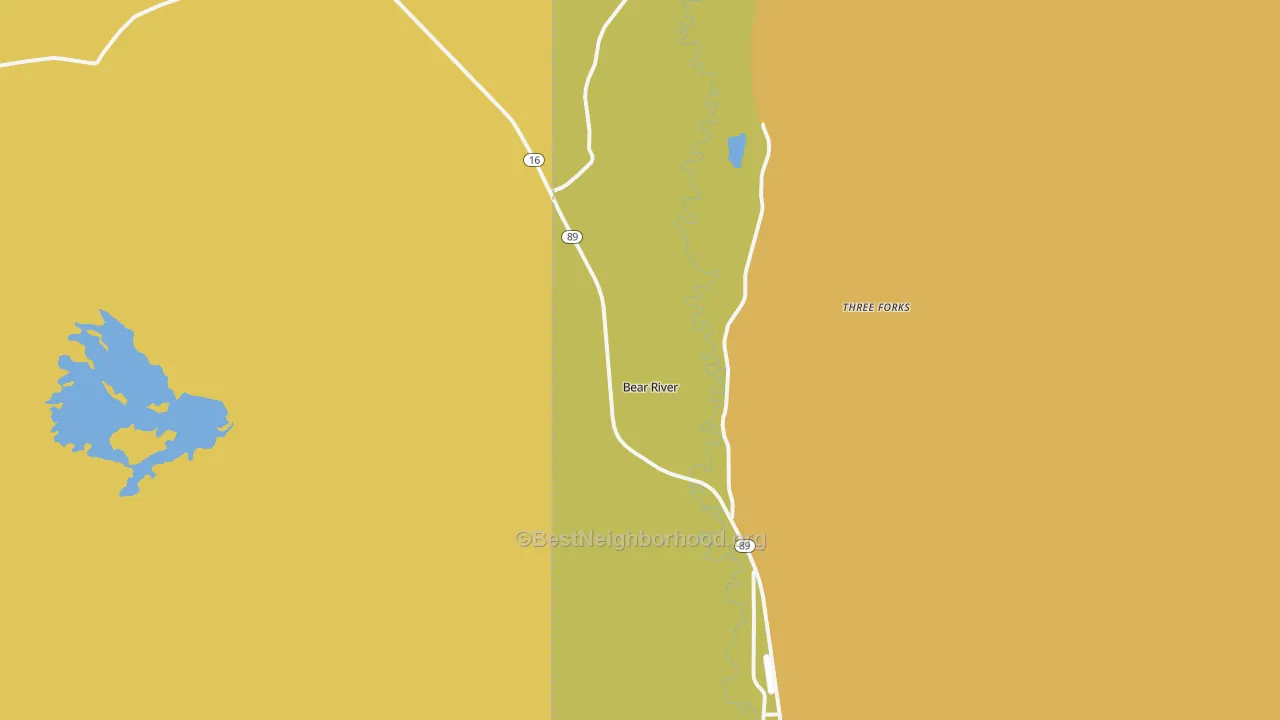 Map of the best neighborhoods in the Bear River area, with better matches in green and worse matches in red