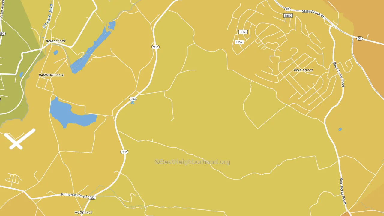 Map of the best neighborhoods in the Bear Rocks area, with better matches in green and worse matches in red