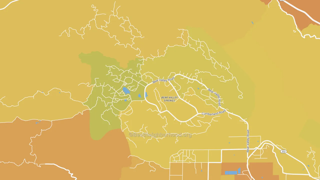 Map of the best neighborhoods in the Bear Valley Springs area, with better matches in green and worse matches in red