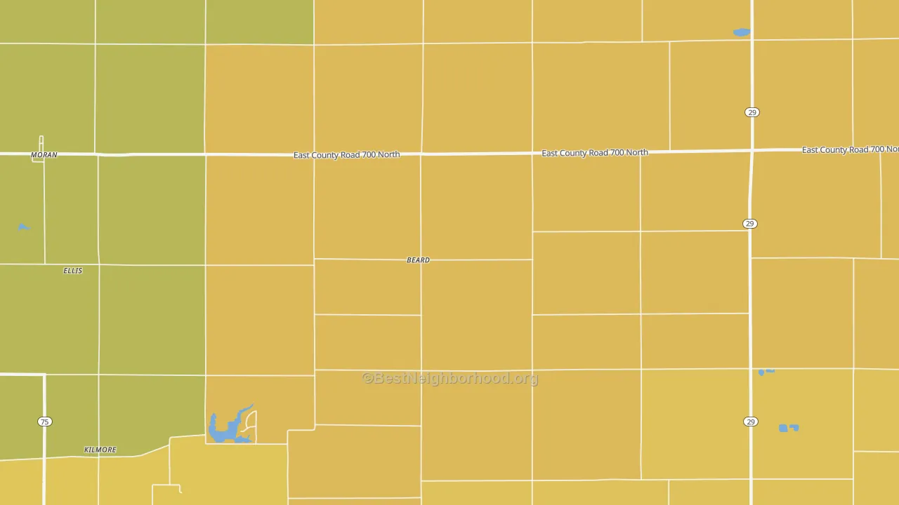 Map of the best neighborhoods in the Beard area, with better matches in green and worse matches in red
